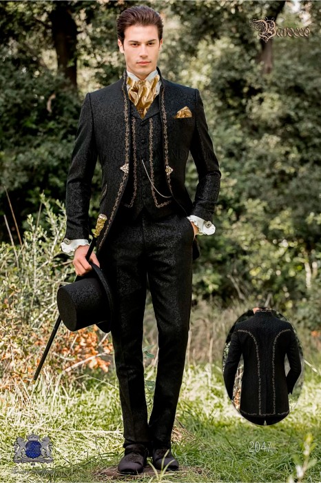 Black jacquard mao collar baroque frock coat with golden embroidery 2047 Mario Moyano