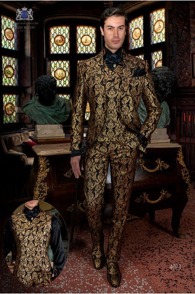 Brocade black gothic frock coat with gold floral designs 4023 Mario Moyano