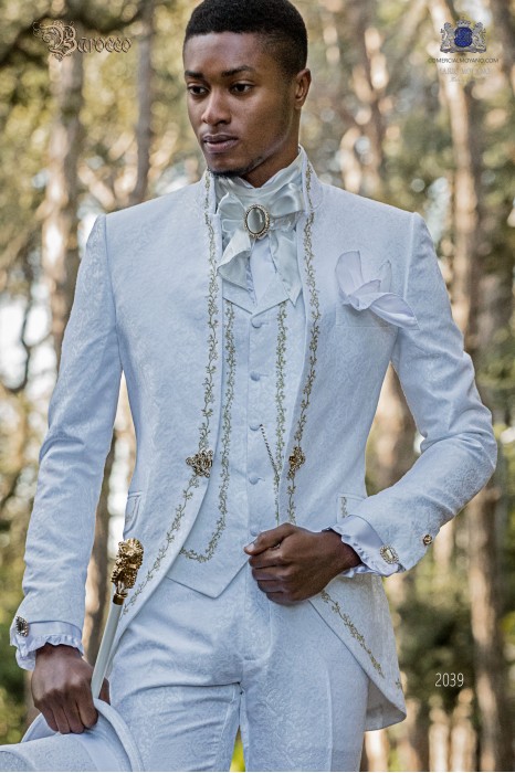 Baroque groom suit, vintage mao collar frock coat in white jacquard fabric with golden embroidery and crystal clasp 2039