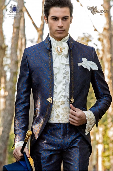 Baroque groom suit, vintage Napoleon collar frock coat in blue jacquard fabric with golden embroidery 2065