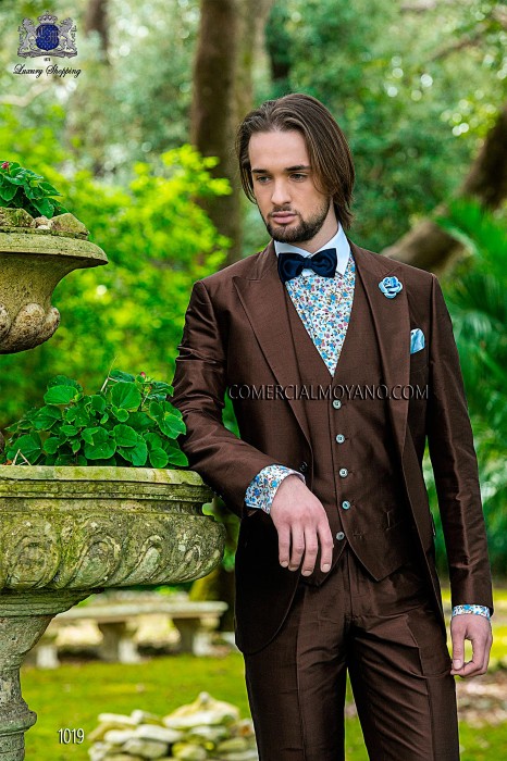 Italian bespoke brown silk shantung suit with waitcoat 1019 Ottavio Nuccio Gala