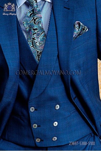 blue double-breasted waistcoat in prince of wales wool fabric