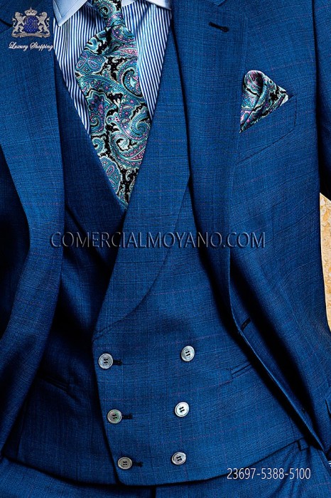 blue double-breasted waistcoat in prince of wales wool fabric