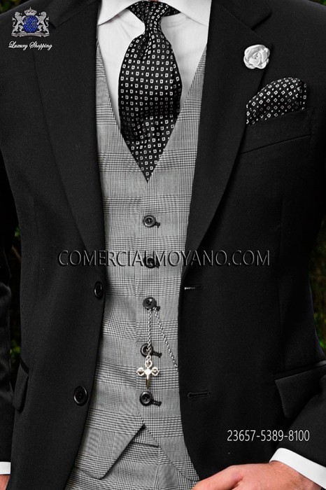 Black/white waistcoat in prince of wales wool fabric