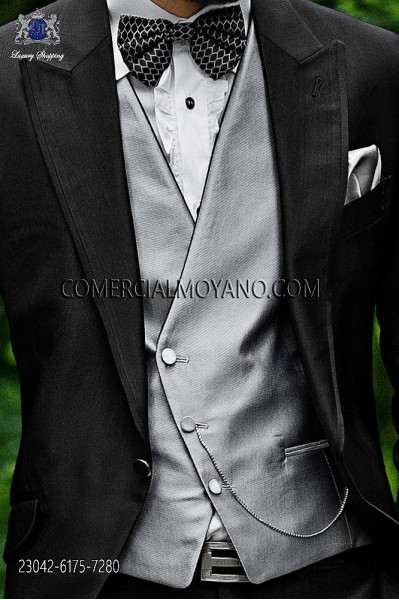 Gray asymmetric groom waistcoat in micro patterned fabric