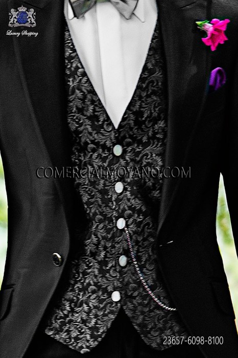 Black groom waistcoat in silk jacquard fabric