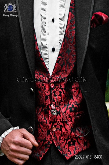 Black/red groom waistcoat in silk jacquard fabric