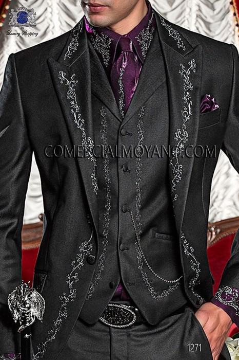 Black period waistcoat in polyester-viscose fabric