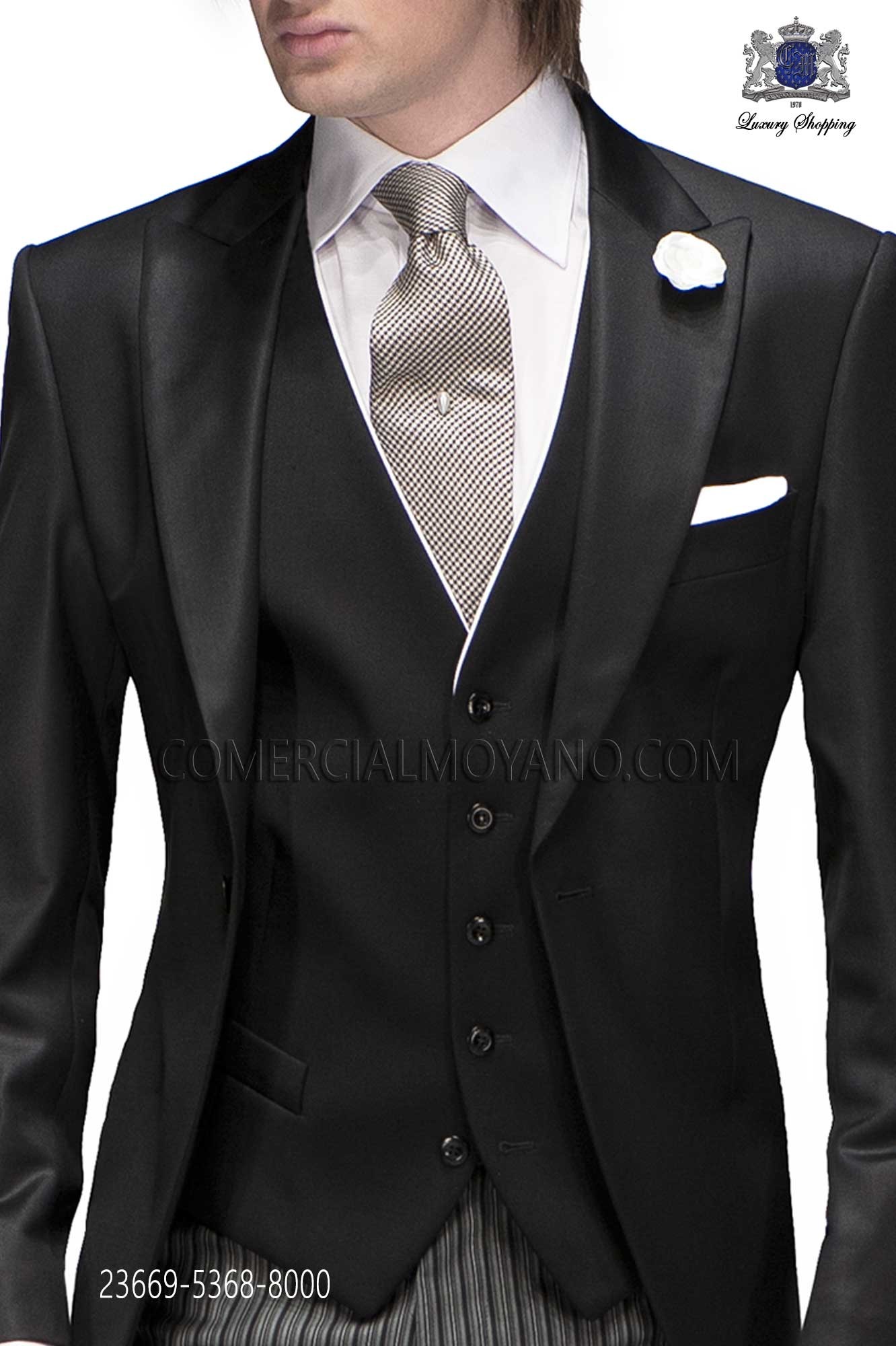Black plain wool formal waistcoat with contrast white piping.