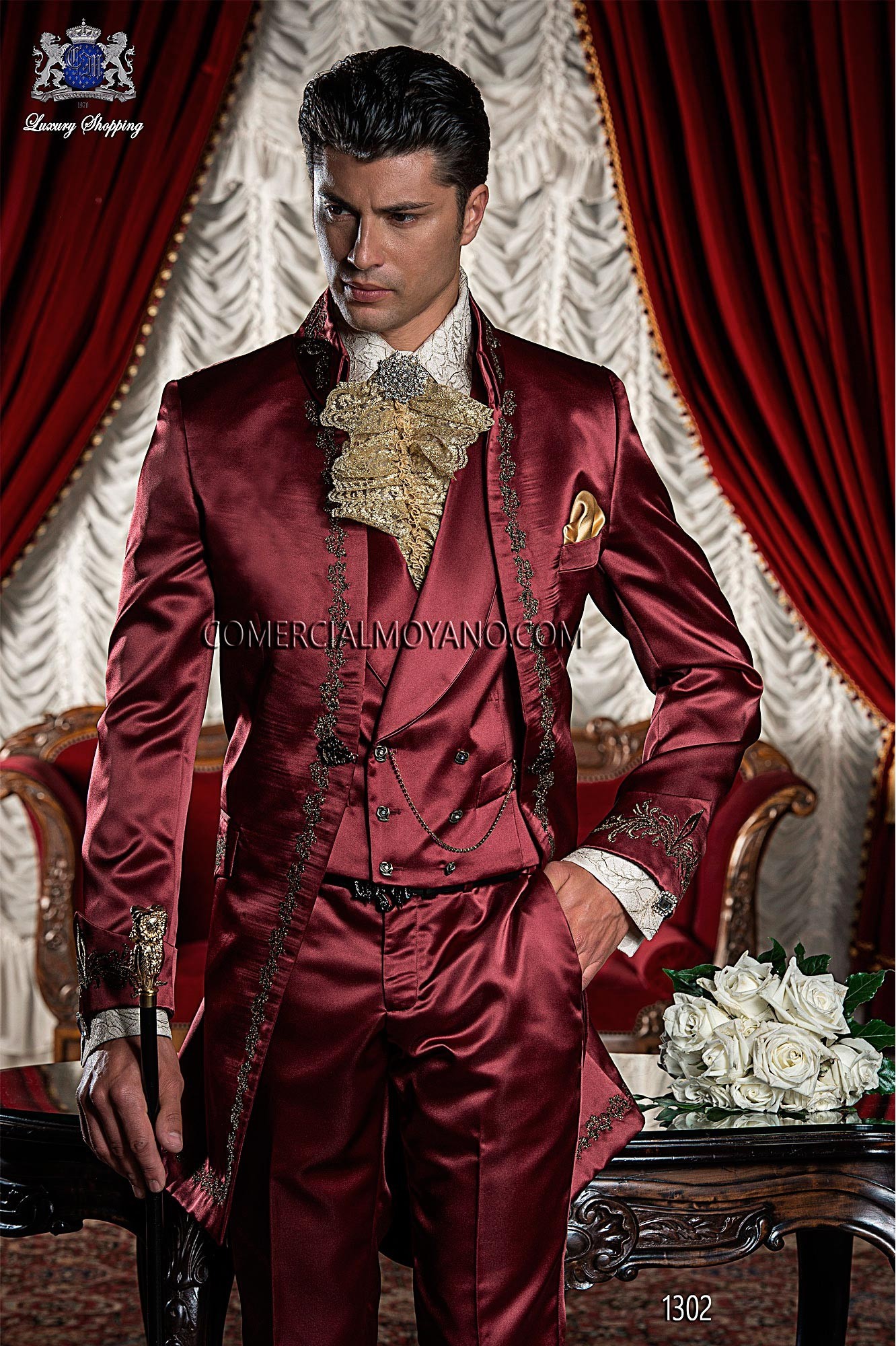 Baroque red satin frock coat golden embroidered.