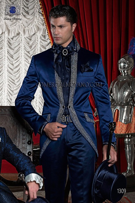 Baroque Italian blue embroidery wedding suit