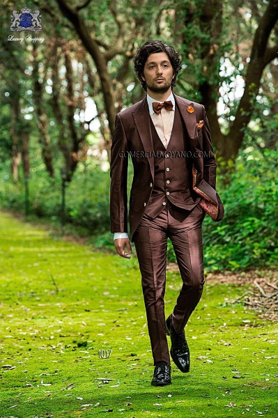 Brown silk shantung fashion men three-piece suit