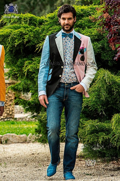 Hipster patchwork black/pink men wedding suit style 1027 Mario Moyano