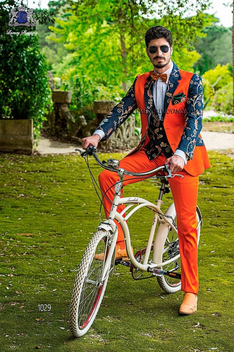 Orange satin-cotton patchwork fashion men suit