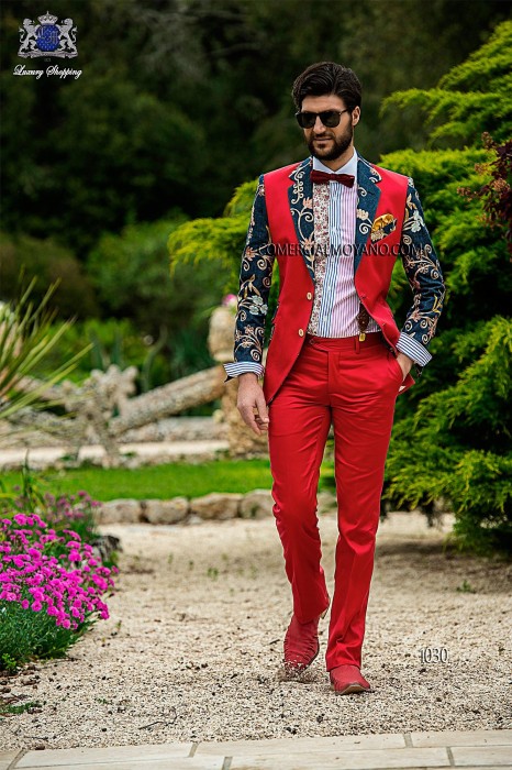 Red satin-cotton patchwork fashion men suit