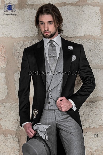 Bräutigam Anzug, Cut, schwarz, aus reiner extra satinierter Wolle 1191