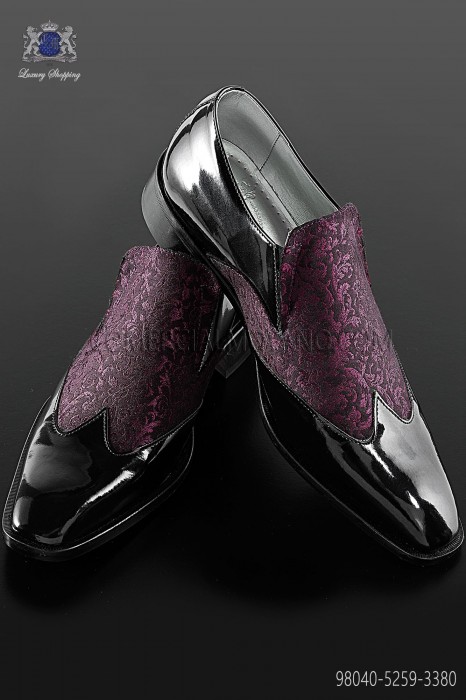 Black baroque shoes with purple brocade fabric