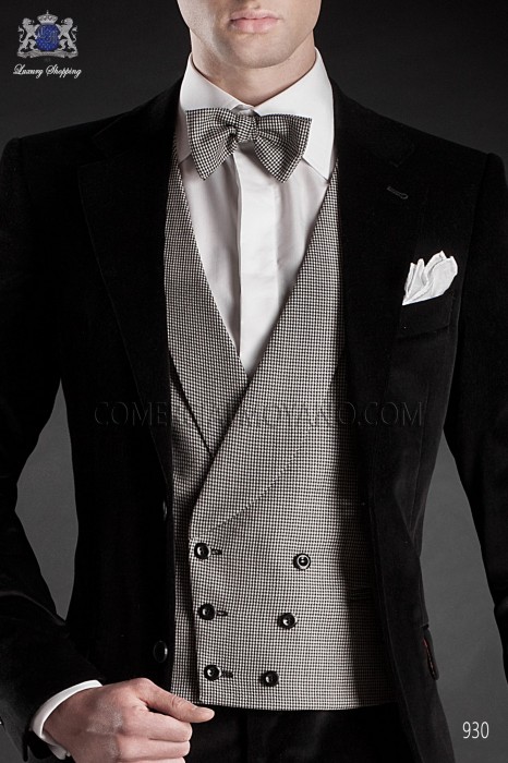 White-black houndstooth double-breasted waistcoat