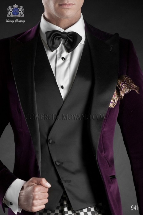 Black satin asymmetrical double-breated waistcoat