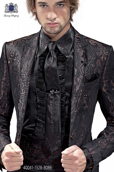 Black satin shirt with bronze drako embroidery 40041-1328-8086 Ottavio Nuccio Gala.