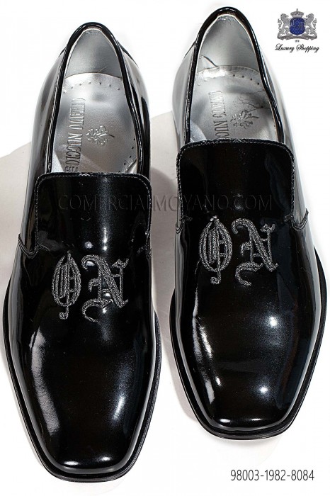 Black patent leather slippers shoes with embroidery 98003-1982-8084 Ottavio Nuccio Gala.