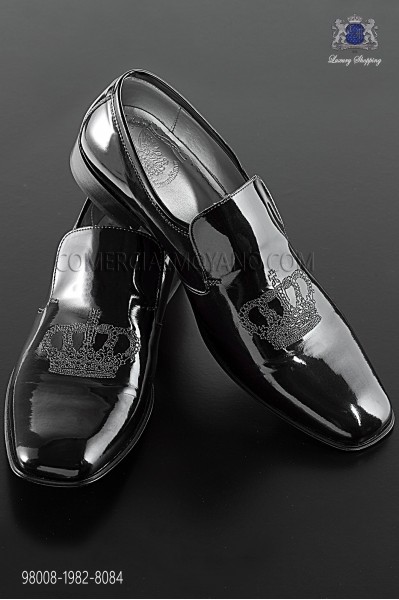 Black patent leather slippers with silver crown embroidery 98008-1982-8084 Ottavio Nuccio Gala.
