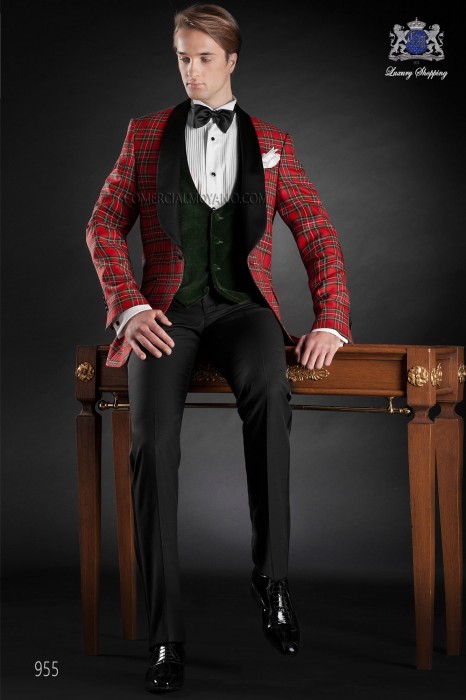 Red tartan plaid suit with shawl lapel