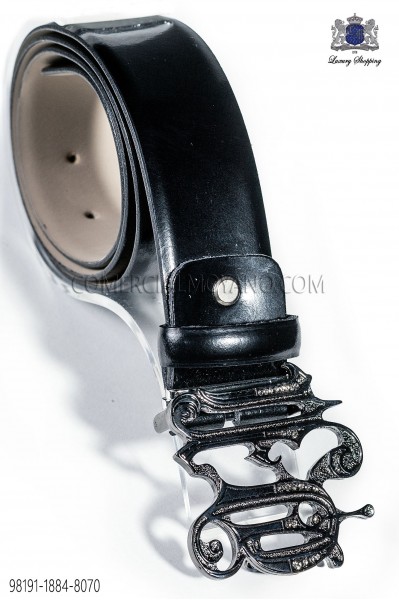 Black belt with gunmetal grey ON baroque buckle 98191-1884-8070 Ottavio Nuccio Gala.