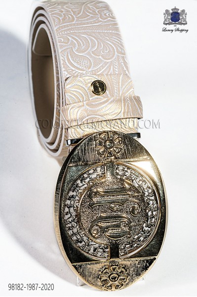 Beige damask belt with gold buckle 98182-1987-2020 Ottavio Nuccio Gala.