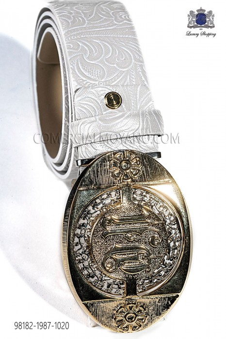 Cinturón adamascado blanco con hebilla dorada 98182-1987-1020 Ottavio Nuccio Gala.
