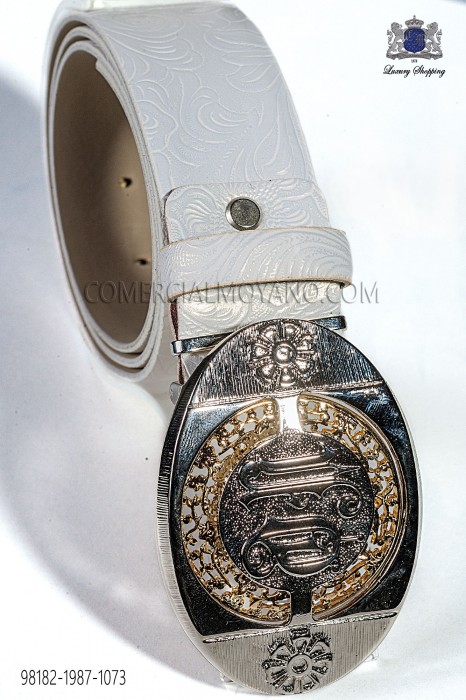White damask belt with silver buckle 98182-1987-1073 Ottavio Nuccio Gala.