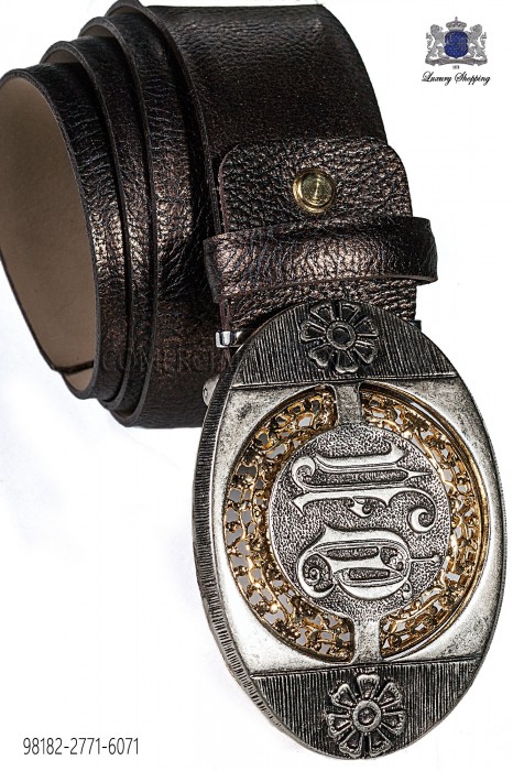 Brown damask belt with silver buckle 98182-2771-6071 Ottavio Nuccio Gala.