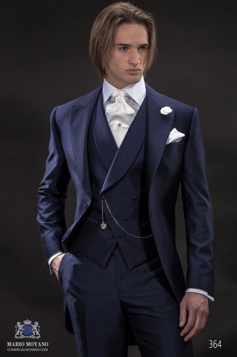 Italian blue fil a fil short frock groom suit 