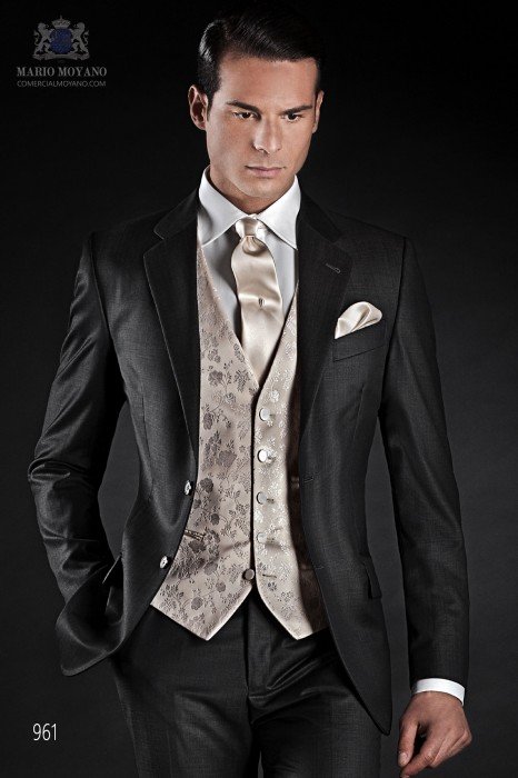 Grauer, moderner, maßgeschneiderter Bräutigamanzug aus reiner Wolle fil a fil 961 Mario Moyano