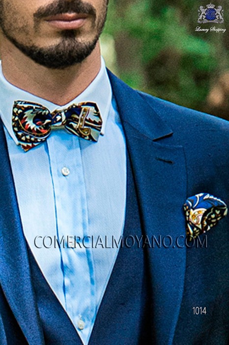Blue patterned silk designer bow tie and handkerchief set 56572-2861-5000 Ottavio Nuccio Gala.