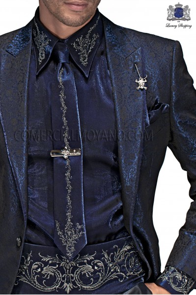 Blue lurex shirt and accesories with silver embroidery