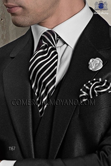 Black and silver silk tie and handkerchief 56502-2845-8100 Ottavio Nuccio Gala.