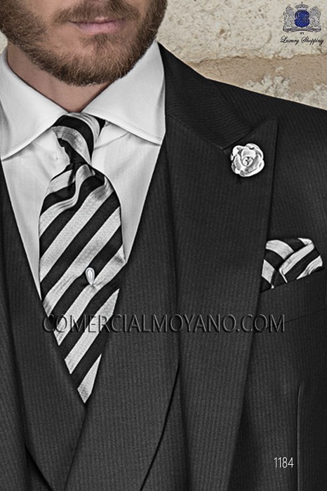 Black and silver striped tie and handkerchief 56502-2845-8000 Ottavio Nuccio Gala.