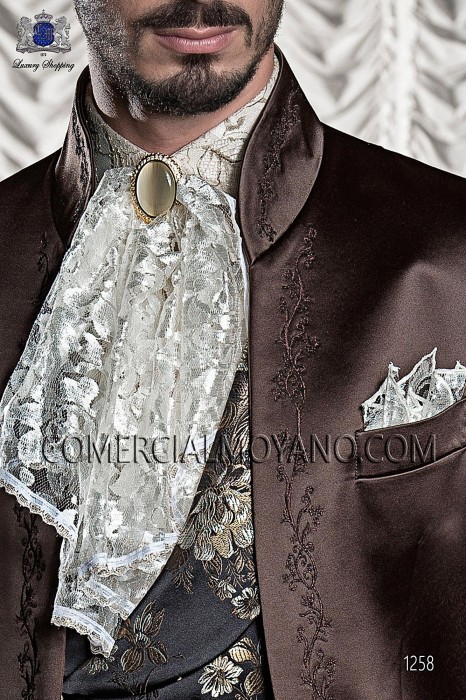 Ivory-white plastron tie with handkerchief 56546-2753-1200 Ottavio Nuccio Gala.