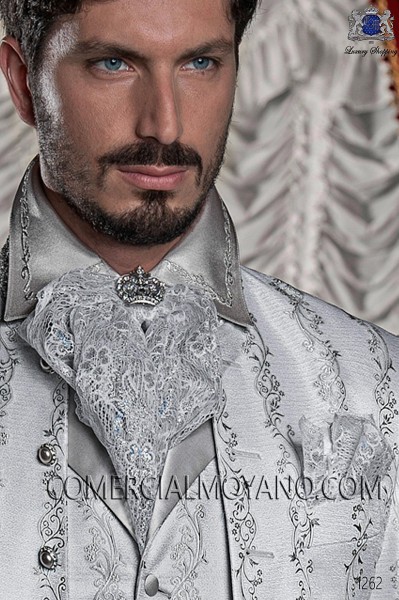 White-silver lace plastron tie with handkerchief 56546-2754-7000 Ottavio Nuccio Gala.