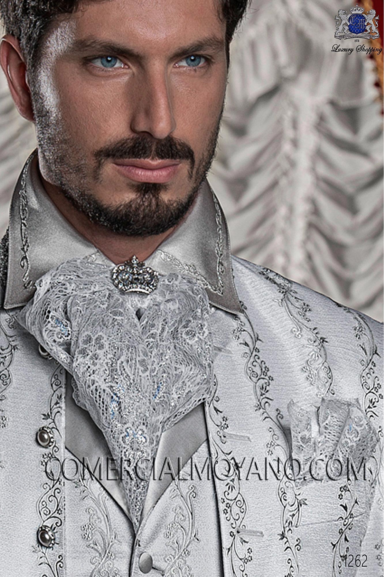tie handkerchief, lace plastron with ON White-silver