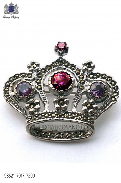 Pure silver brooch crown design violets crystal 98521-7017-7200 Ottavio Nuccio Gala.