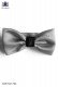 Gray bow tie with black knot.