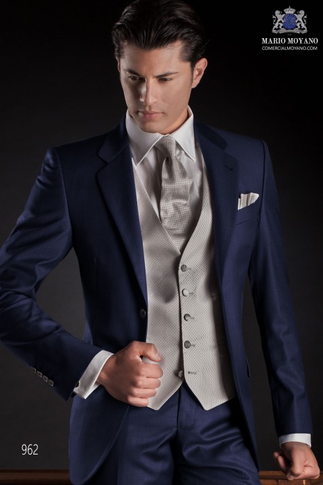 Elegant bespoke blue groom suit fil a fil fabric 962 Mario Moyano