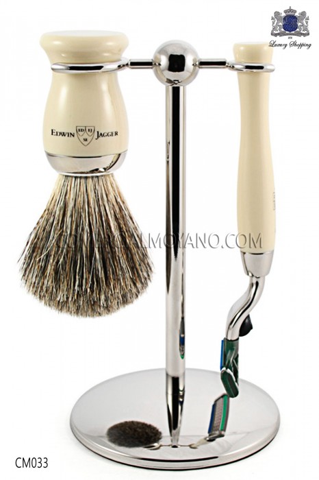  English shaved game ivory, with metal support, razor and brush. Edwin Jagger.