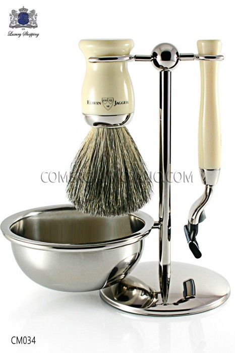  English shaved game ivory, metal support with soap bowl, brush and razor. Edwin Jagger.