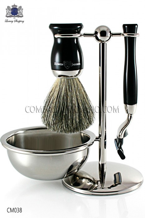  English shaved game Color black ebony, metal support with soap bowl, brush and razor. Edwin Jagger.