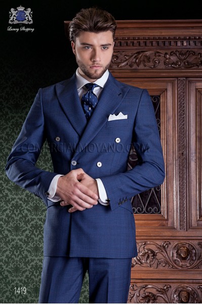 Costume croisé deux morceaux de couture italienne avec coupe élégante "Slim". Prince de Galles tissu bleu.