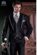 Élégant manteau court robe couture italienne coupe "Slim", une ouverture. Tissu de laine noire avec passepoil contrasté.