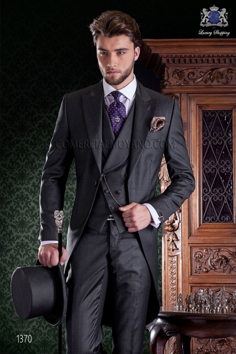 Frock coat elegant Italian tailoring cut "Slim". Fil a fil fabric charcoal gray.
